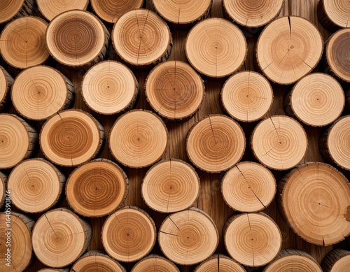 Close-up of stacked wooden logs with natural rings and cracks, showing warm brown tones and rustic texture