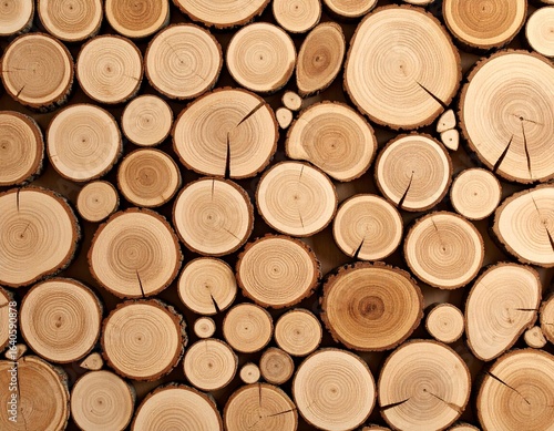 Close-up of stacked wooden logs with natural rings and cracks, showing warm brown tones and rustic texture
