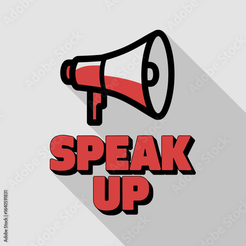 A bold red and white megaphone graphic with the words speak up in large red letters casting a long shadow on a light gray background