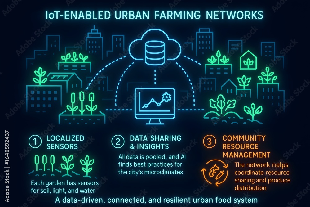 Fototapeta premium Futuristic Neon Urban Farming Network with Glowing Plant Modules for Urban Planning Presentations
