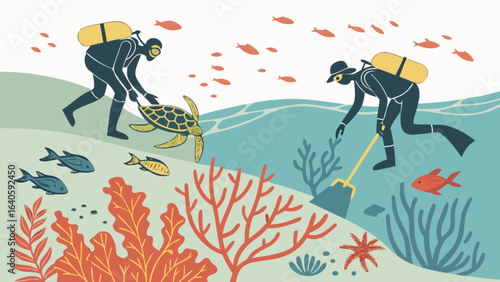 Scuba divers protecting marine life rescuing sea turtle and cleaning coral reef ocean conservation project