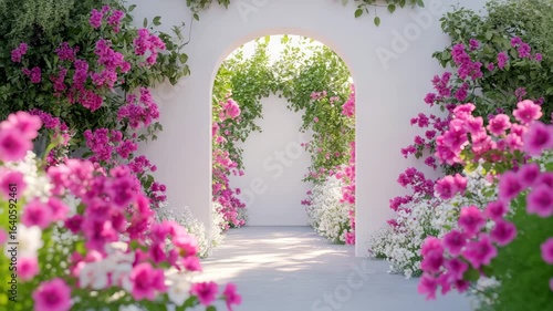 Beautiful garden pathway with vibrant pink and white floral arch surrounded by green outdoor nature, creating peaceful and inviting atmosphere filled with natural beauty and sunlight filtering through