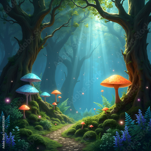 Enchanted forest: Luminescent mushrooms, ancient trees, and floating orbs of light.

