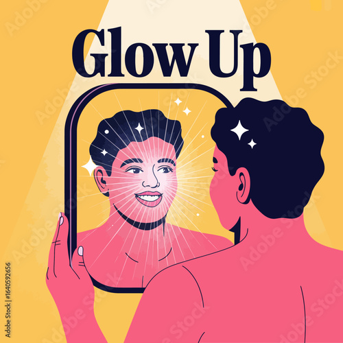 A young man looks in a mirror reflecting a glowing confident version of himself symbolizing self improvement and personal transformation with a bright uplifting aesthetic