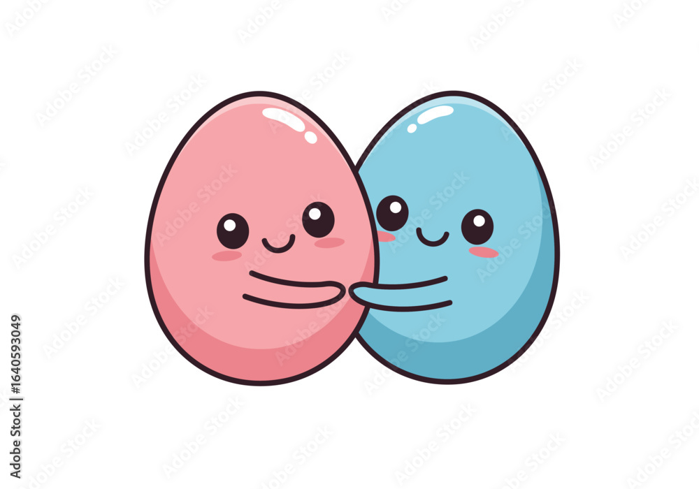 Obraz premium A cute pair of kawaii cartoon eggs in love, hugging each other. A sweet illustration concept of togetherness and affection.