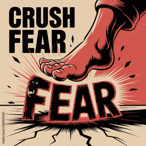 A powerful foot crushing the word fear in a dramatic illustration symbolizing overcoming anxiety and conquering personal challenges with determination and strength