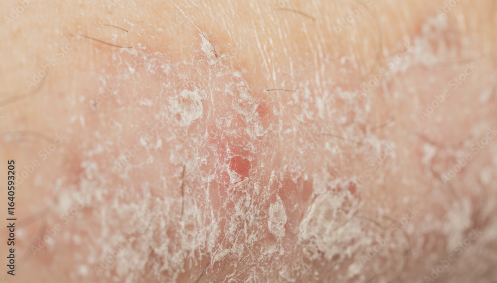 Fototapeta premium Close-up of dry, flaky and red human skin, showing symptoms of psoriasis, eczema or dermatitis.