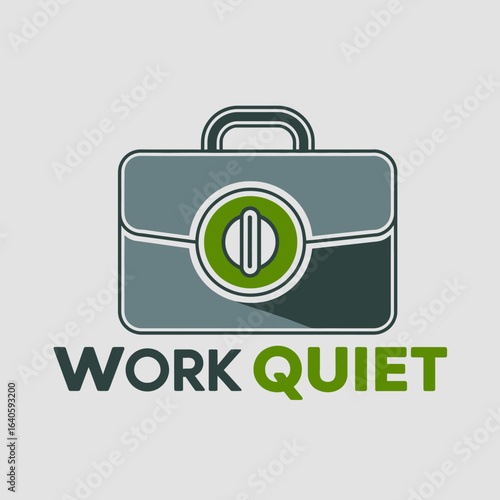 Modern briefcase icon with a green circular lock symbol and the text work quiet representing professional business and quiet productivity