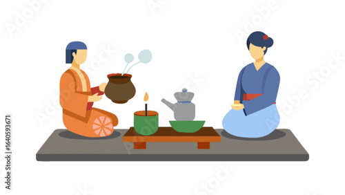 Traditional japanese tea ceremony illustration with people teapot candle and other elements vector design