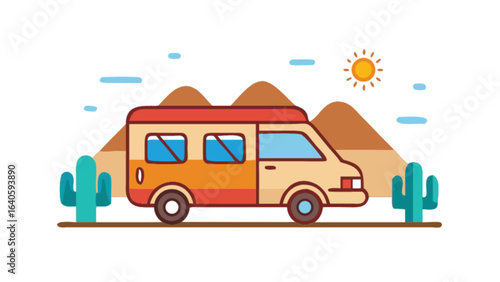 Desert road trip campervan adventure vector illustration for travel and vacation themed designs and projects
