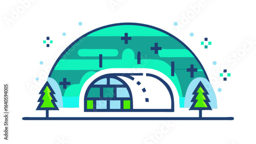 Explore the arctic igloo vector illustration with winter trees and northern lights aurora borealis scene design