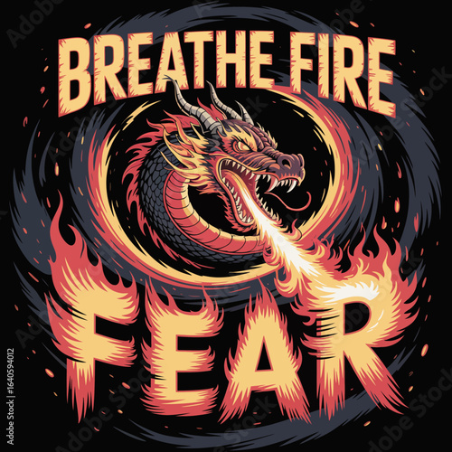 Powerful dragon exhaling a fiery breath encircling the word fear in flames symbolizing overcoming or confronting fear with strength and courage