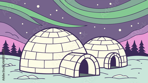Igloo winter landscape illustration with aurora borealis northern lights and pine trees arctic home design 100