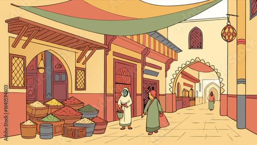 Explore moroccan market scene with spices and traditional architecture travel destination drawing vector art