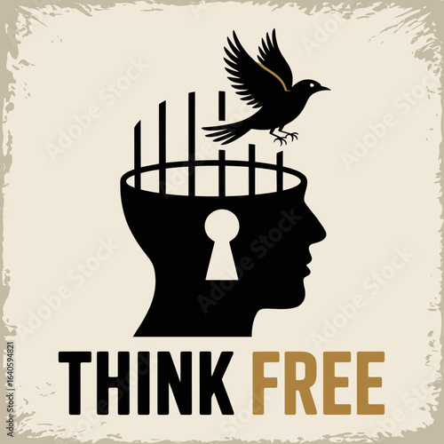 A black silhouette of a human head with a bird flying out of the top symbolizing freedom of thought and breaking mental barriers with the words think free below