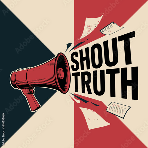 Vintage style illustration of a megaphone broadcasting the message shout truth with papers flying out symbolizing the spread of information and activism