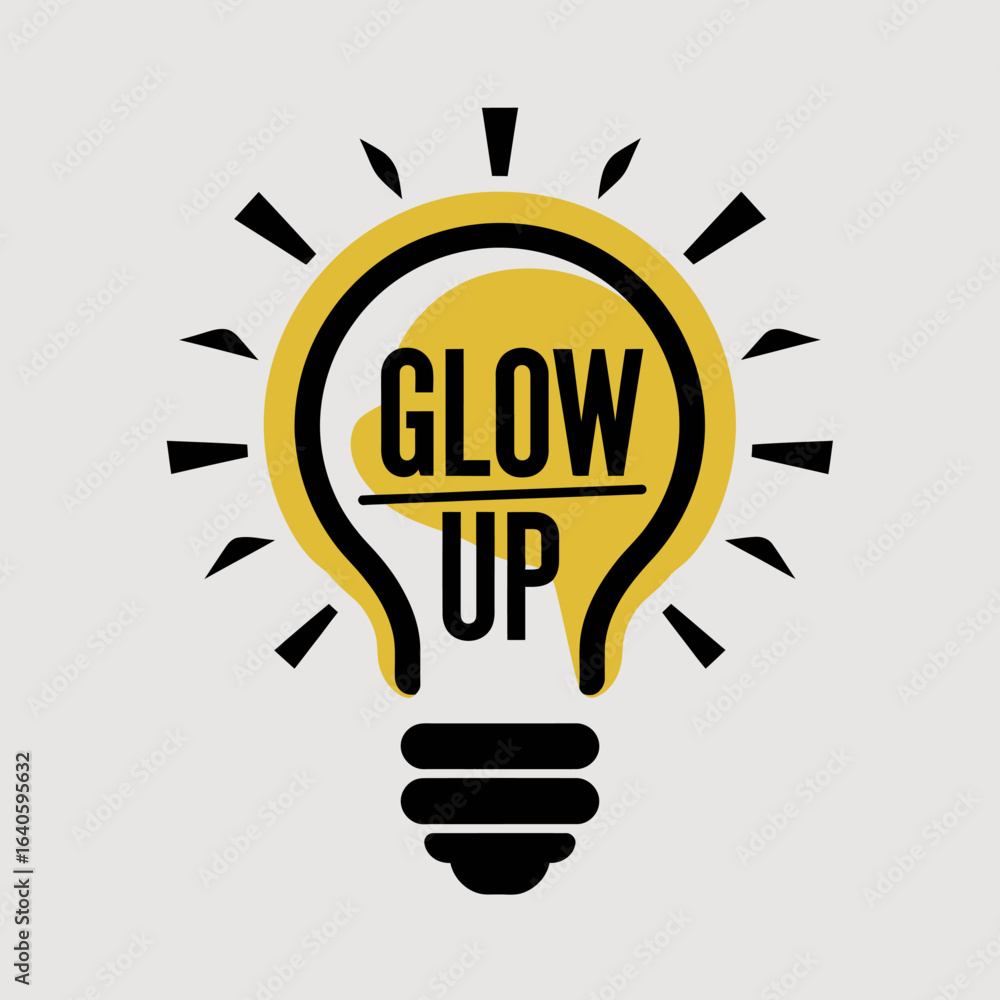 Fototapeta premium Bright glowing light bulb with the words glow up inside symbolizing inspiration innovation and personal growth and development on a light gray background