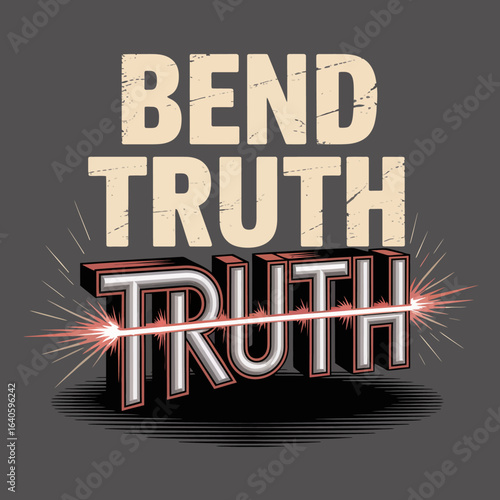 Distorted and broken word truth with a red laser beam cutting through it symbolizing the manipulation and distortion of facts and reality