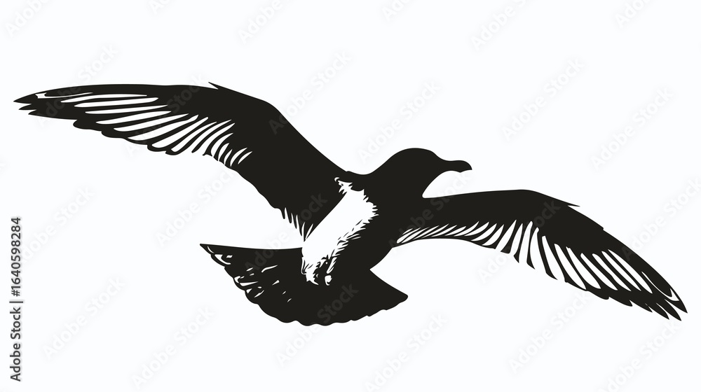 Naklejka premium Dynamic black and white seagull soaring in flight against a clean white background