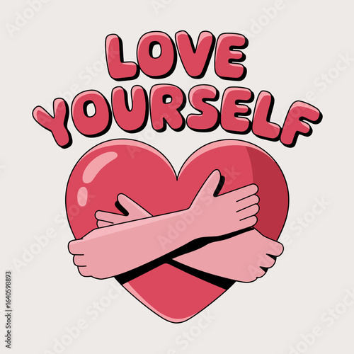 Embrace self love with this vibrant graphic featuring the empowering phrase love yourself in bold bubbly lettering illustrated with a large pink heart being hugged by two arms