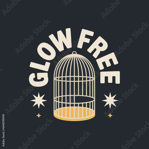 An empty vintage birdcage with the words glow free arched above it symbolizing freedom and escape from confinement with decorative starbursts on a dark background
