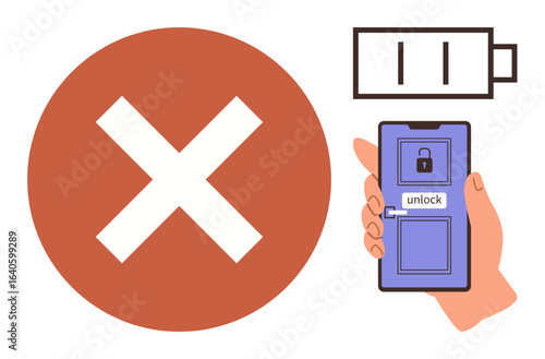 Smartphone displaying a lock icon with unlock button fails due to low battery. Red cross denotes action failure. Ideal for technology, frustration, security, warning, accessibility, failure, digital
