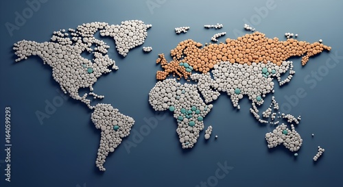 Global map of continents made from colorful medicine pills