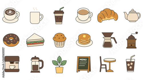 カフェの飲み物やフード、インテリアが揃ったアイコンセット | Cafe icon set with drinks, food, and interior items