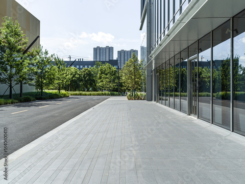 brick floor with modern office building