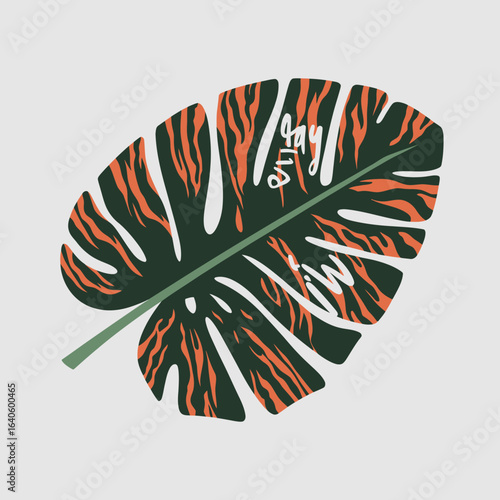 A striking illustration of a monstera deliciosa leaf featuring a bold tiger stripe pattern in vibrant orange and black against a clean neutral grey background perfect for tropical or exotic themes