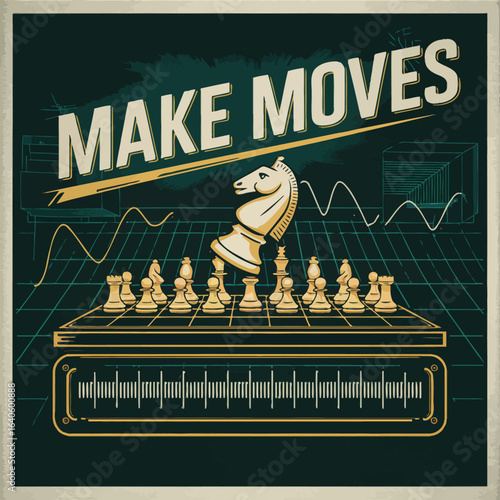 Strategic thinking and planning with a chessboard and chess pieces illuminated by a golden cue stick symbolizing decisive action and making moves in business or life