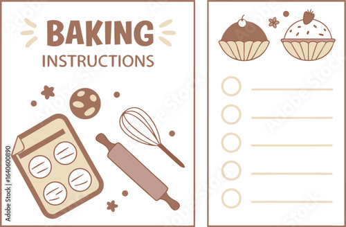 Cute baking instructions checklist with cupcakes cookie sheet rolling pin and whisk illustration for recipe planning and culinary activities