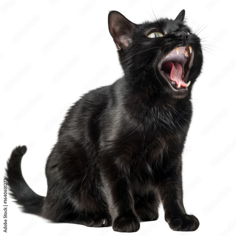 Obraz premium Open Mouthed Black Cat Yawning with Green Eyes on Transparent Background