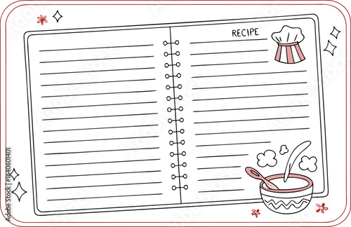 A charming hand drawn illustration of an open recipe book with lined pages a chef s hat and cooking elements perfect for culinary inspiration