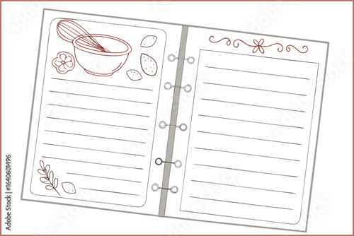 A charming hand drawn illustration of an open recipe book with baking ingredients and lined pages for writing down culinary creations and notes