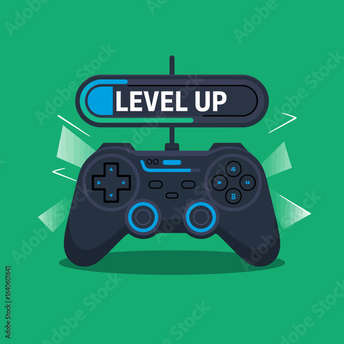 Modern video game controller with a glowing blue level up notification bar above symbolizing achievement and progress in gaming on a vibrant green background with dynamic motion lines