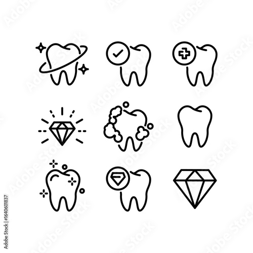 Dental care line icons set. Healthy tooth, cavity protection, dental hygiene, and diamond symbols in simple outline style