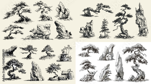 A collection of traditional bonsai tree and rock illustrations, showcasing intricate details and various shapes of bonsai and natural rock formations in a classical ink style.