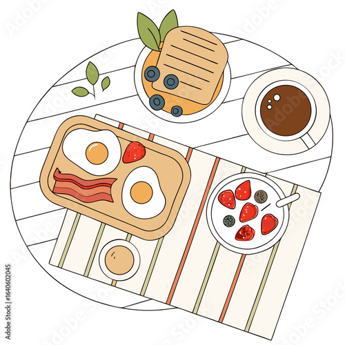 A delightful overhead view of a delicious breakfast spread featuring fried eggs bacon toast with blueberries and a bowl of strawberries and granola accompanied by coffee