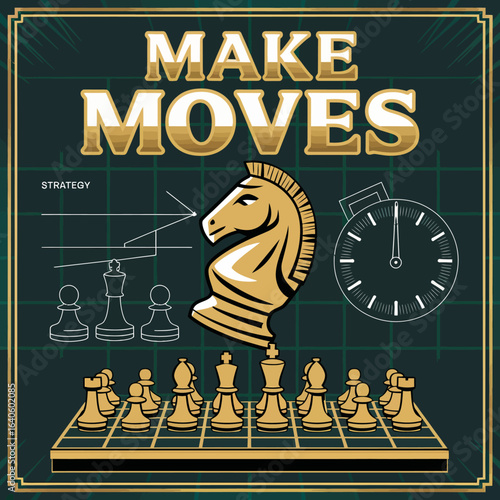 Golden chess knight piece stands proudly on a chessboard with a vintage clock and strategic blueprint elements symbolizing decisive action and forward thinking in business and life