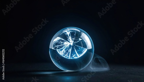 A mesmerizing crystal ball with shattered fragments inside emits a mysterious glow, hinting at unseen forces and untold prophecies in the ethereal darkness.