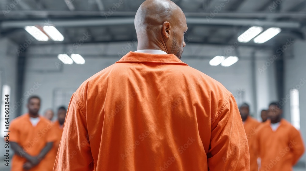 Naklejka premium A man in an orange jumpsuit stands with his back to the camera, facing a group of other men in orange jumpsuits in a large, dimly lit room, a holding area or prison.