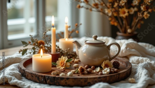 Wallpaper Mural A still life of candles, dried flowers, and a ceramic teapot on a wooden tray, warm ambient light Torontodigital.ca