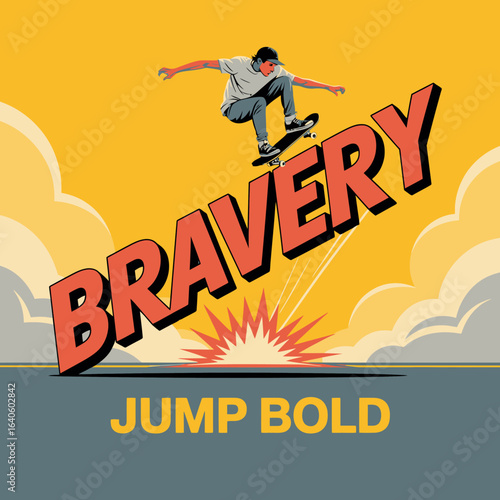 Skateboarder performs a daring jump against a vibrant yellow sky with stylized clouds and bold text proclaiming bravery and jump bold embodying courage and extreme sports