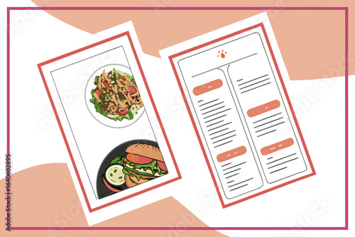 Illustration of a restaurant menu featuring a delicious burger and salad alongside a detailed menu layout with placeholder text and a paw print icon