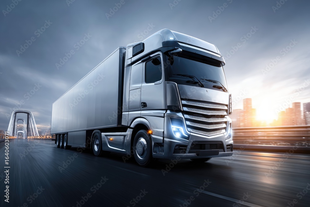 A modern semi-truck travels across a city bridge. A modern semi-truck travels across a city bridge.