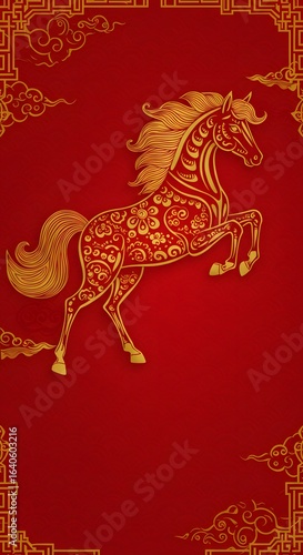 a dynamic pose against a vibrant red background. The horse is adorned with intricate golden patterns. luxury red and gold Chinese horse new year background, 2026 new year with copy space for text, 