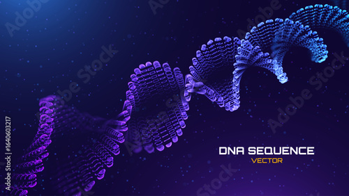 Abstract DNA Molecule Helix Spiral Wave Blue Background. Medical Science Concept, Genetic Biotechnology, Chemistry Biology, DNA Gene. Vector Illustration.