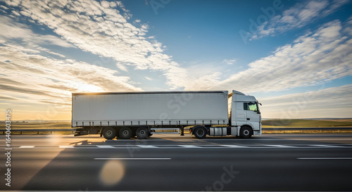 Side Profile of Logistics Truck on Highway with Blue Sky and White Clouds