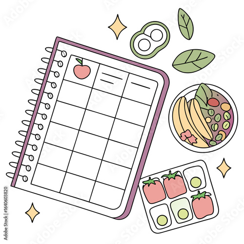 Healthy meal planning and organization for a balanced lifestyle featuring a weekly planner and nutritious food items